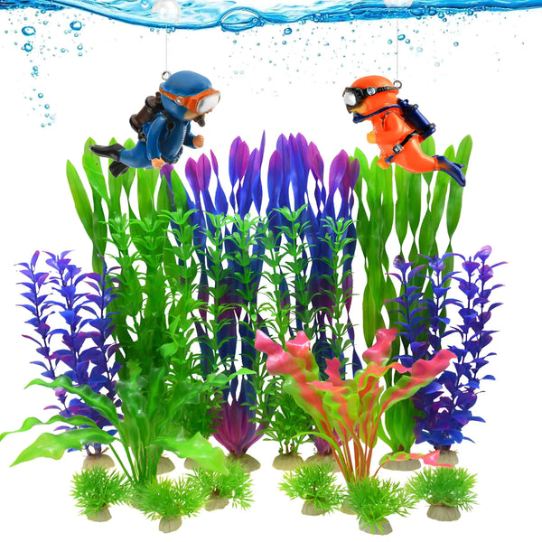 16 PCS Aquarium Decor Plastic Plants Fish Tank Decorations Artificial Plastic Plants Fish Tank Accessories Various Sizes Realistic Plastic Plants with 2 PCS Floating Cute Diver